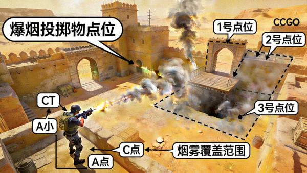 CSGO荒漠迷城地图A点爆烟投掷物点位演示画面