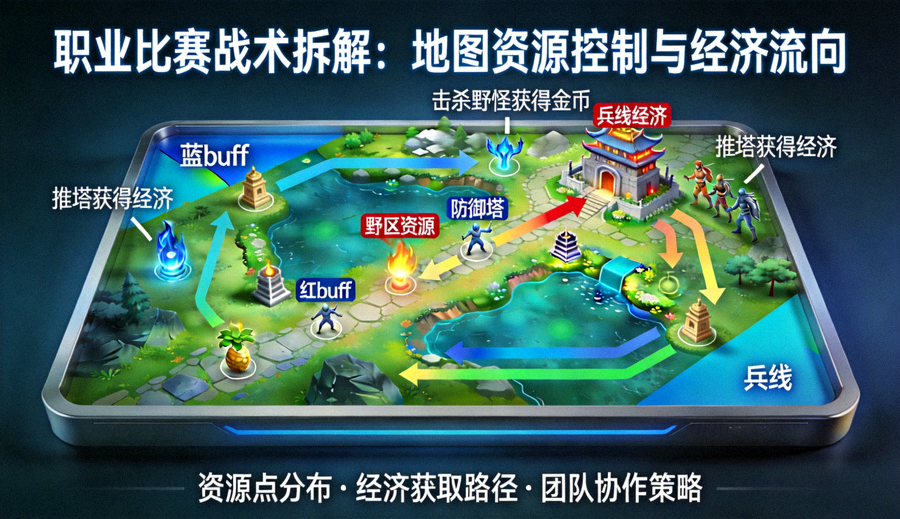 职业比赛战术拆解沙盘：地图资源控制与经济流向可视化示意图